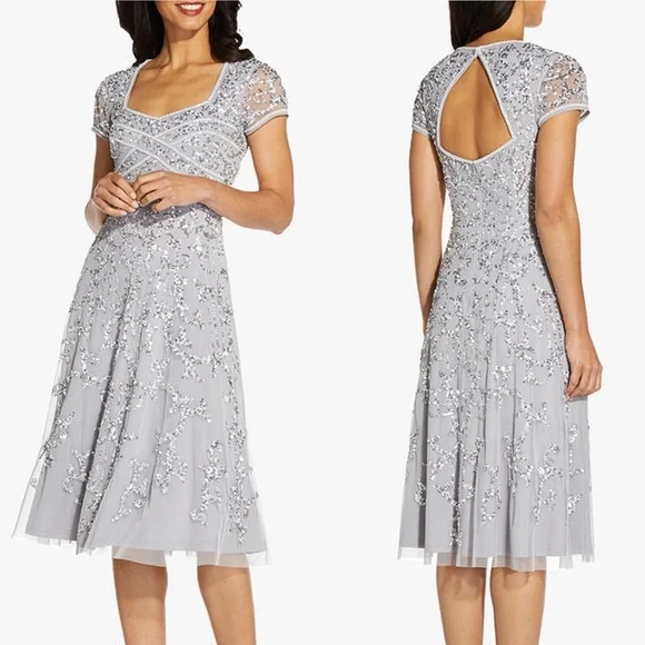 Adrianna Papell Sequin Embellished Cocktail Midi Dress Silver Size 10 - Picture 1 of 10